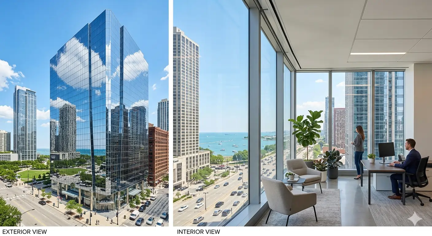 Exterior and interior views of a building with reflective solar window film
