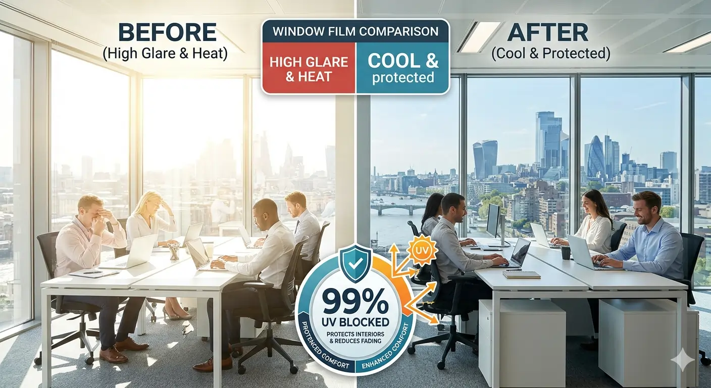 Before and after comparison of office window film showing reduced glare and heat, 99% UV blocked