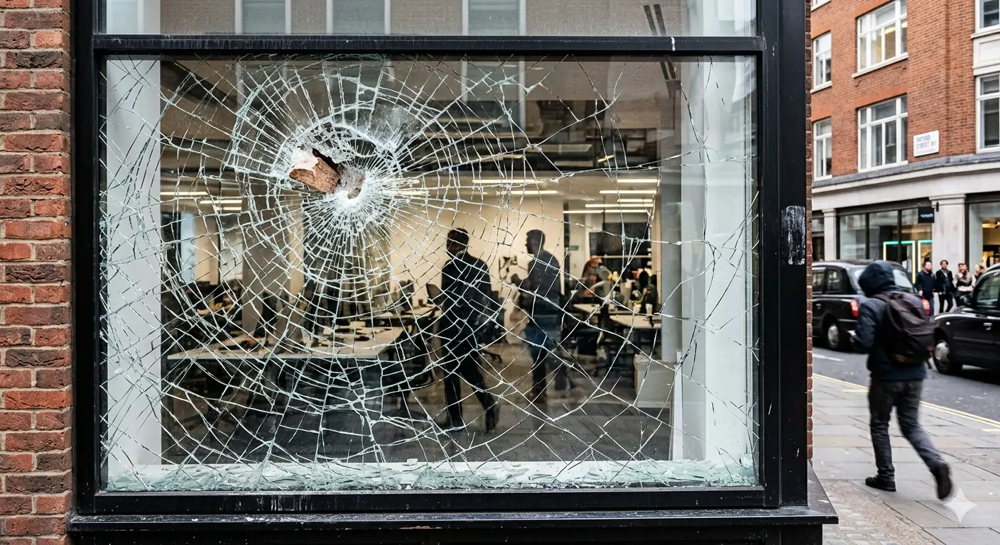 Shattered shop window held together by security window film