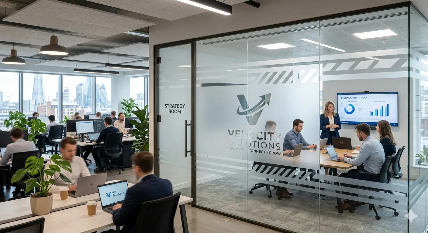 Office glass meeting room with branded decorative window film