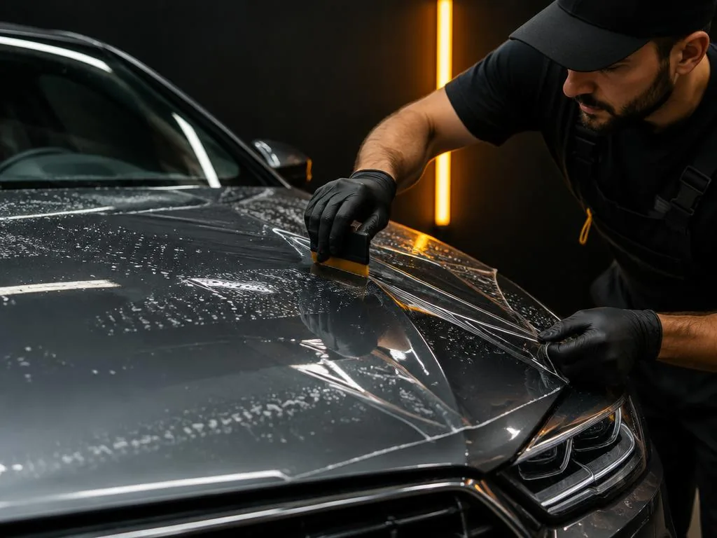 Paint protection film being installed on a car at Quad Axis Global, Riyadh